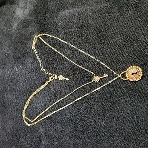 Gold pink stone padlock and key design pendent Betsy Johnson necklace